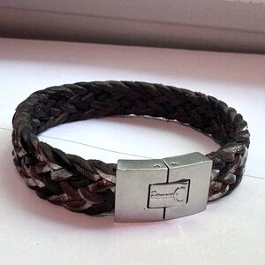 🧩 Stylish Edgy Fossil Tri-Colour Woven Bracelet with Silver Buckle